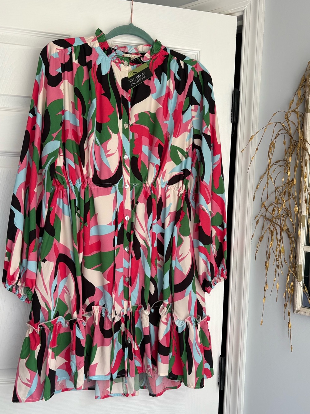 JODIFL Pink Multicolor Abstract Long Sleeve Ruffle-Hem Dress Sz Small/Medium